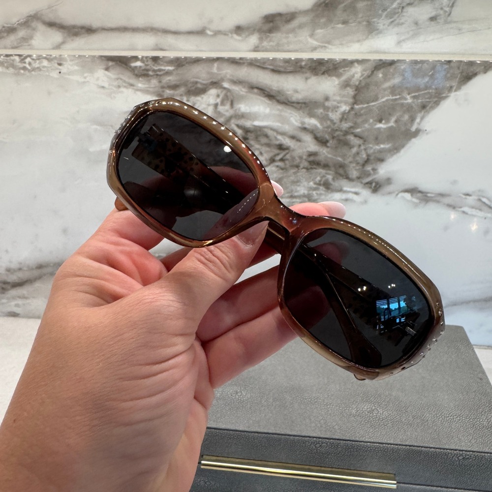 Y2K Fossil Brown Rectangular Sunglasses Rhinestone Crystal Flower Embellished